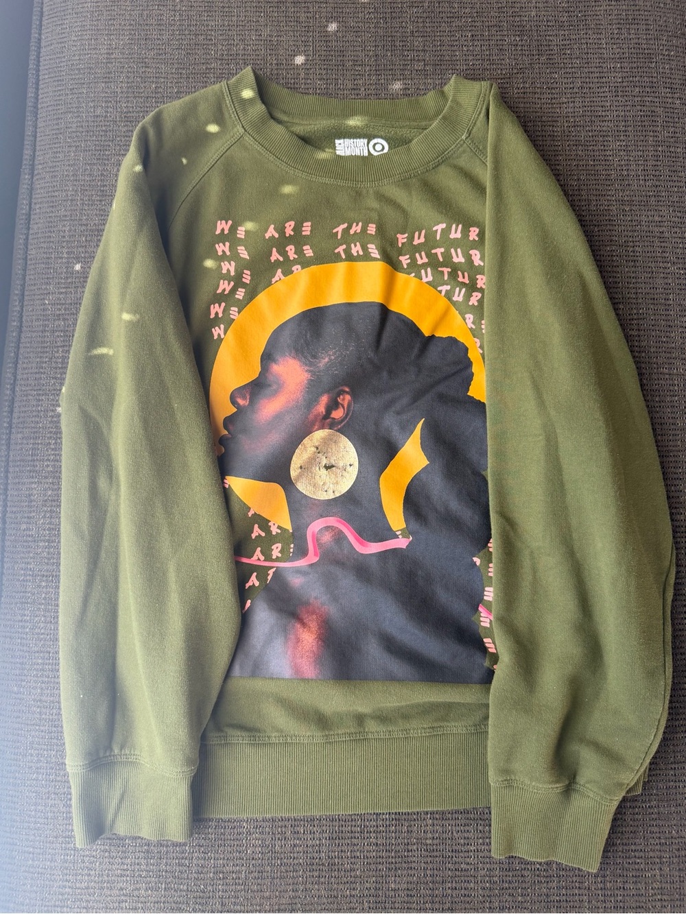 Target Olive Crewneck Sweatshirt with Yellow, Pink & Black Graphic